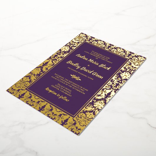 Lila Echt-Gold-Foil-Damaskus-Hochzeit Folieneinladung (Gedreht)