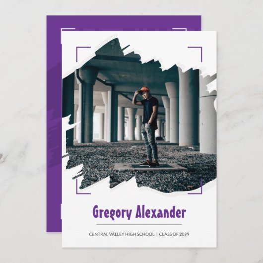 Lila Edgy Abstrakt Brushstroke Foto Abschluss Einladung (Vorne/Hinten)