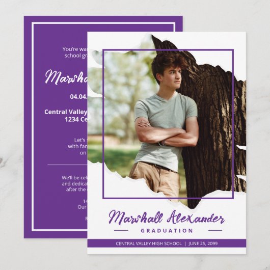 Lila Edgy Abstrakt Torn Foto Abschluss Einladung (Vorne/Hinten)