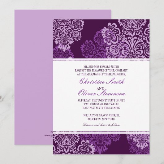 Lila Eggplant Damask Einladung (Vorne/Hinten)