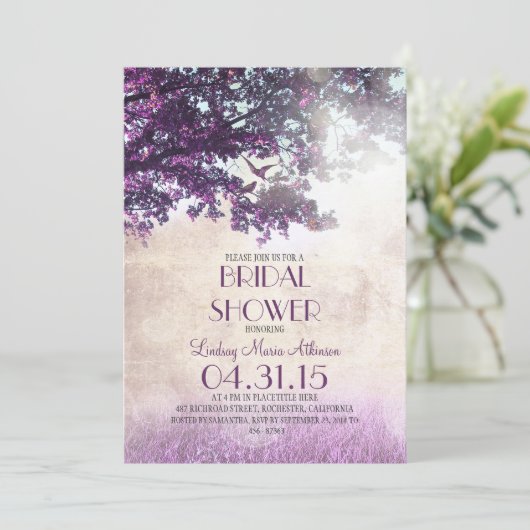 Lila Eichenbaum & Liebesvögel Brautparty Einladung (Stehend Vorderseite)