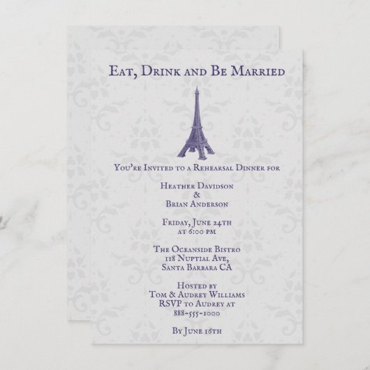 Lila Eiffelturm Damask Probe Abendessen Einladung (Vorne/Hinten)