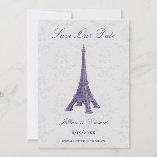 Lila Eiffelturm Damask Save the Date Ankündigung (Vorderseite)