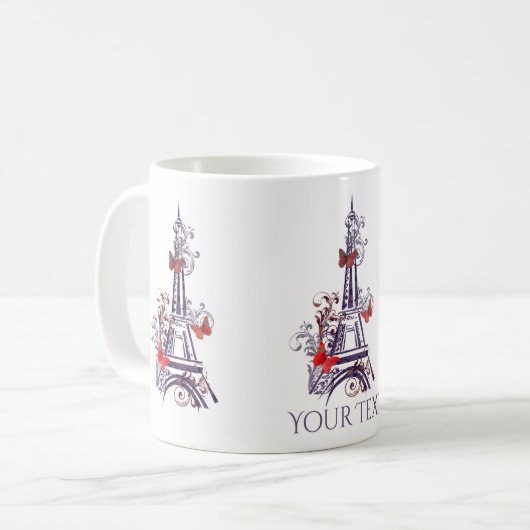 Lila Eiffelturm-Schmetterlinge Tasse (Vorderseite Links)