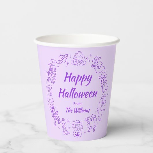 Lila, eigenhändig gezogene Doodles Happy Halloween Pappbecher (Rückseite)