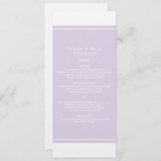 Lila, einfach elegantes Hochzeitsmenü Menükarte (Vorne/Hinten)