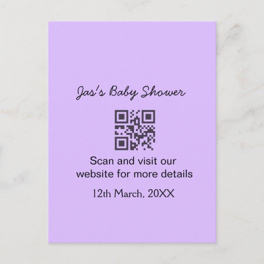 Lila einfache Babyshower-QR-Code, Name-Text hinzuf Postkarte (Vorderseite)