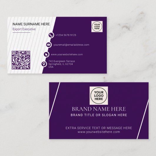 Lila einfacher formaler QR-Code Beruflich modern Visitenkarte (Vorne/Hinten)