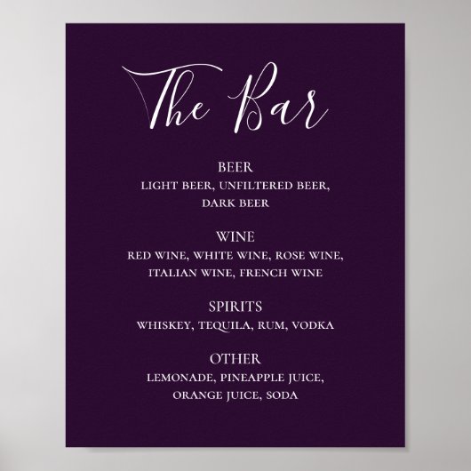 Lila, einfaches Skript-Hochzeitsgetränk-Bar-Menü Poster (Vorne)