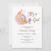 Lila Einhorn auf dem Mond Kinderdusche Einladung (Vorderseite)