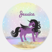 Lila Einhorn auf einem Pastel-Imitat Glitzer Cloud Runder Aufkleber (Vorderseite)