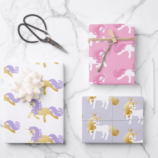 Lila Einhorn aus Pink-Gold Geschenkpapier Set (Vorderseite)