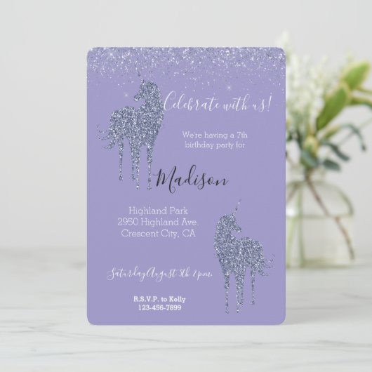 Lila Einhorn Glitter Einladung (Stehend Vorderseite)