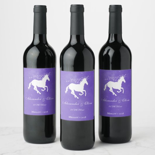 Lila Einhorn-Hochzeitsweinlabel Weinetikett (Flaschen)