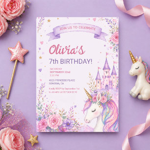 Lila Einhorn Mädchen 7. Geburtstag Einladung