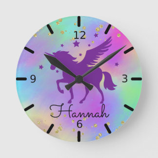 Lila Einhorn mit goldgeflecktem Gold Runde Wanduhr