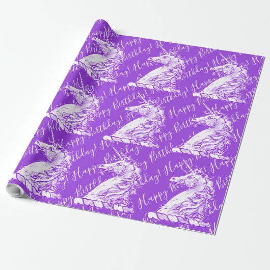 Lila Einhorn Muster Happy Birthday Text Geschenkpapier (Ungerollt)