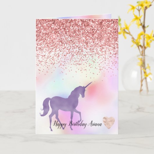 Lila Einhorn Regenbogen Rosa Glitzer Sparkle Herz Karte (Gelbe Blume)