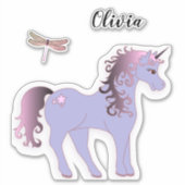 Lila Einhorn- und Libellensticker Aufkleber (Vorderseite)