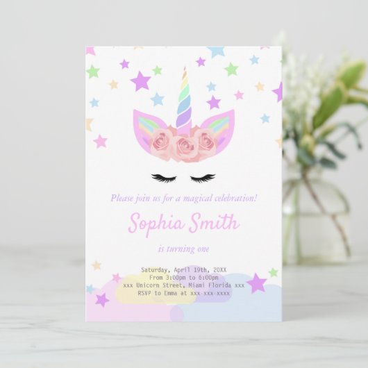 Lila Einhorngeburtseinladung Einladung (Stehend Vorderseite)