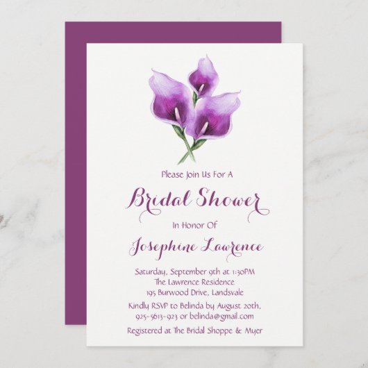 Lila Einladung von Calla Lily Bridal Dusche (Vorne/Hinten)