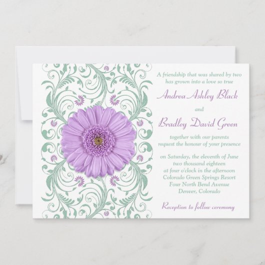 Lila Einladung von Gerber Daisy Mint Floral Weddin (Vorderseite)