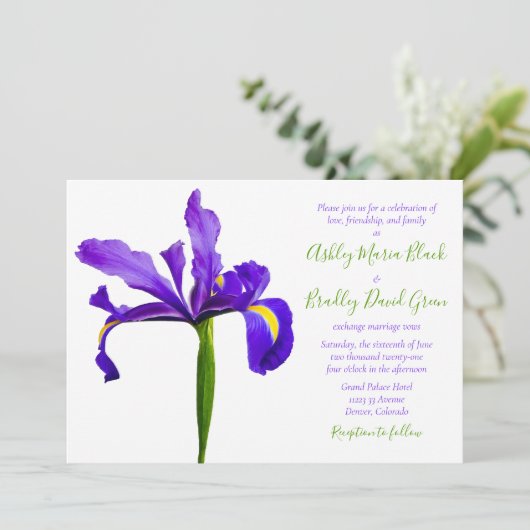 Lila Einladung von Iris zur Hochzeit (Stehend Vorderseite)