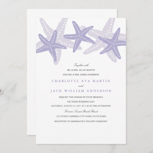 Lila Einladung von Starfish Beach zur Hochzeit (Vorne/Hinten)
