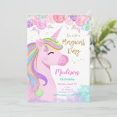 Lila Einladung von Unicorn zum Geburtstag (Stehend Vorderseite)
