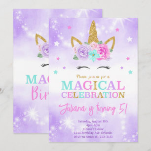 Lila Einladung von Unicorn zum Geburtstag
