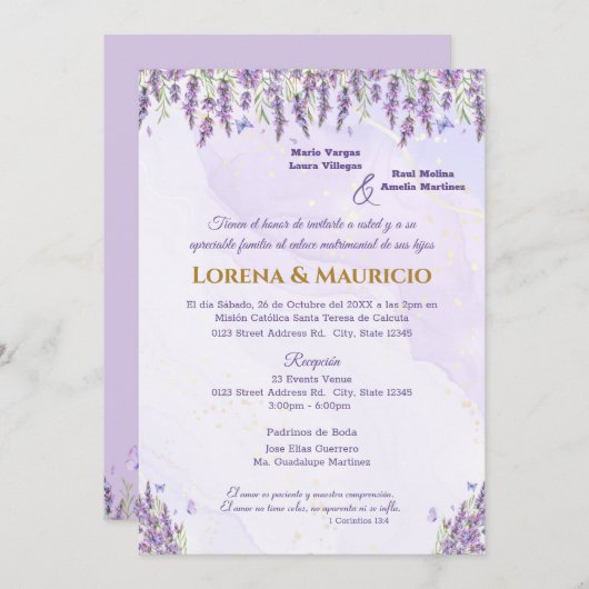 Lila Einladung zur Hochzeit von Wasserfarben (Vorne/Hinten)