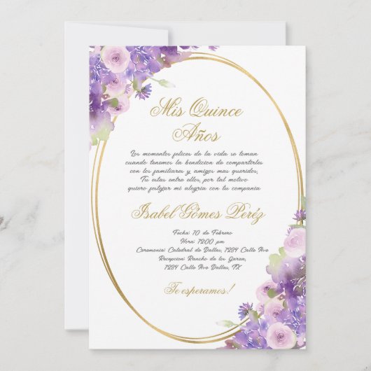 Lila Einladung zur Quinceanera-Blumenwelt auf Span (Vorderseite)