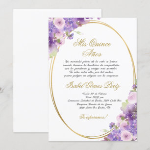Lila Einladung zur Quinceanera-Blumenwelt auf Span