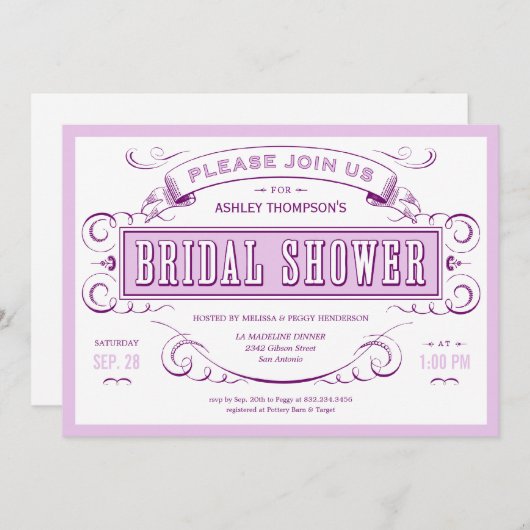 Lila einzigartige Vintage Brautparty-Einladungen Einladung (Vorne/Hinten)