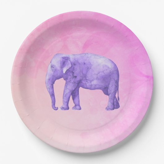 Lila Elefant auf Dreamy Pink Wasserfarben Pappteller (Vorderseite)
