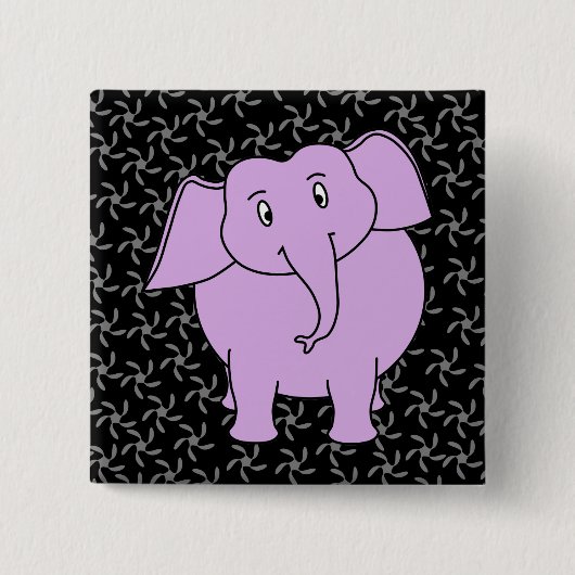 Lila Elefant-Cartoon. Blauer Blumenhintergrund Button (Vorderseite)