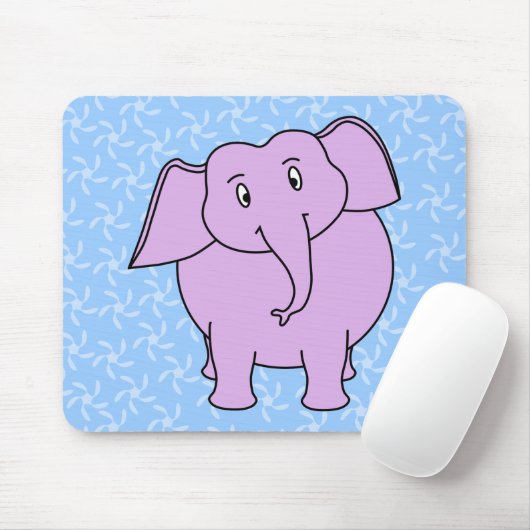 Lila Elefant-Cartoon. Blauer Blumenhintergrund Mousepad (Mit Mouse)