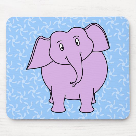 Lila Elefant-Cartoon. Blauer Blumenhintergrund Mousepad (Vorne)