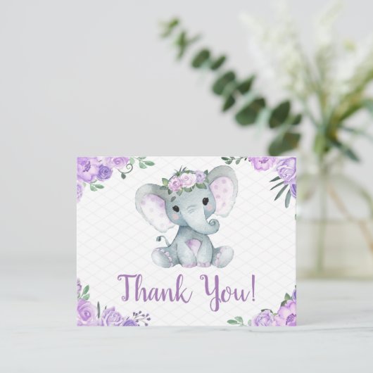 Lila Elefant Dankeschön Card Rose Girl (Stehend Vorderseite)