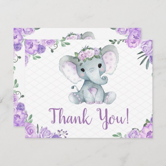 Lila Elefant Dankeschön Card Rose Girl (Vorne/Hinten)