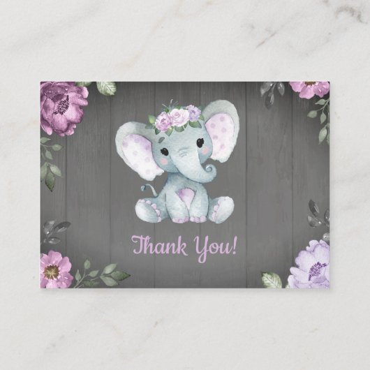 Lila Elefant Rustic Danke Karte (Rückseite)