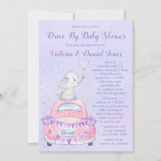 Lila Elefantenwagen mit Babydusche Einladung (Vorderseite)