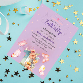 Lila Elegant Erster Geburtstag Pink Butterfly Einladung