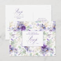 Lila elegante botanische Hochzeits-RSVP-Postkarte