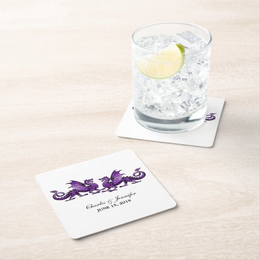 Lila elegante Dragons Hochzeitspapier-Untersetzer Rechteckiger Pappuntersetzer (Vor Ort)
