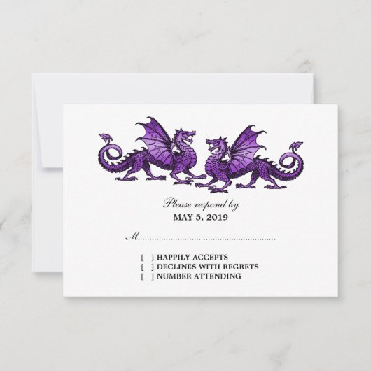 Lila Elegante Dragons Wedding Response Card RSVP Karte (Vorderseite)