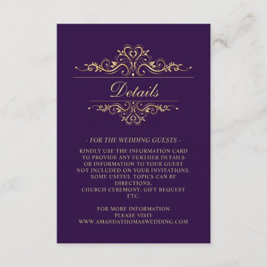 Lila elegante Goldrahmen-Hochzeitskarte Begleitkarte (Vorderseite)