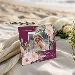 Lila elegante Mädchen modernes floral Foto Geburts Einladung