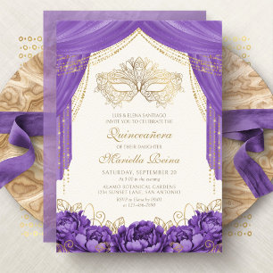 Lila elegante Maske Masquerade Quinceanera Einladung