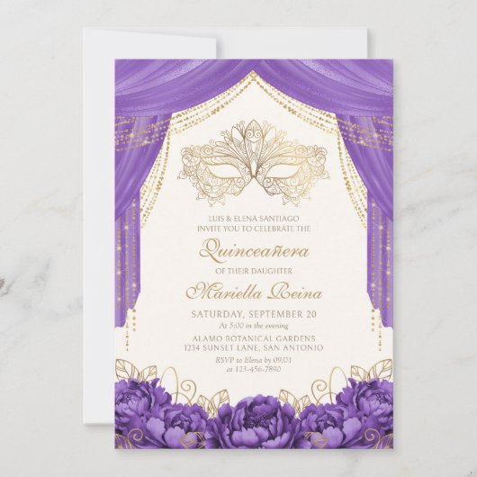 Lila Elegante Masquerade Quinceanera Einladung (Vorderseite)